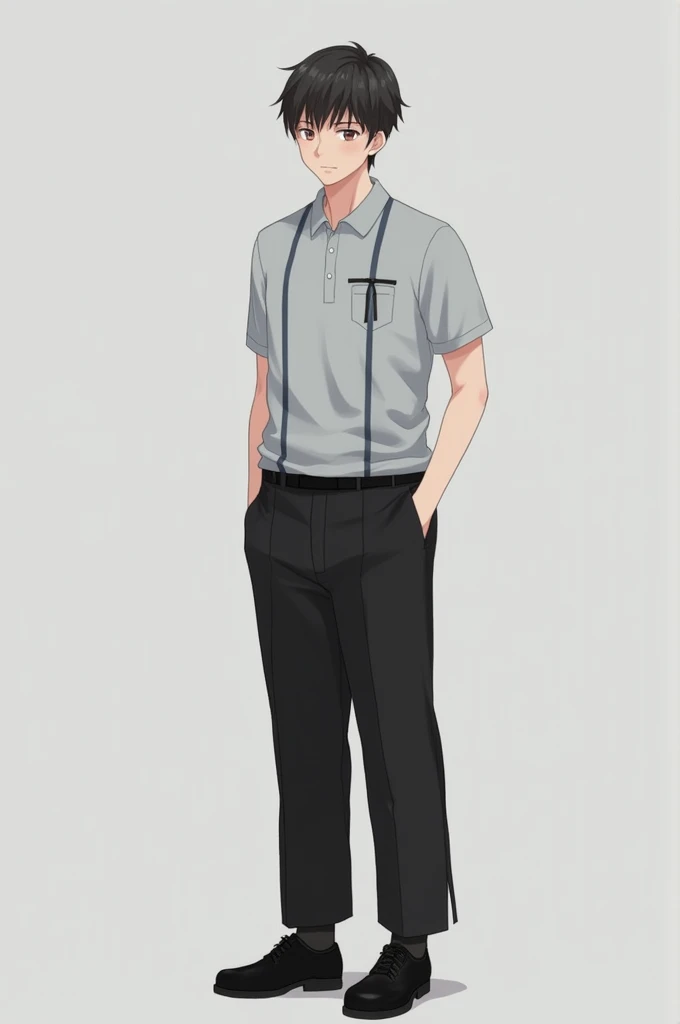 Create a uniform for men, 
Top:

Light gray polo school uniform 

two vertical dark gary stripes on the front right side,

A pocket on the right side, 

Bottom:
Black slacks

With black shoes black socks

A silt on the side of the pants, possibly for venti...