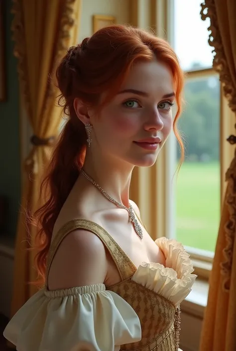 A young woman with medium straight light reddish brown hair, Caucasian skin, greeneyes, freckles, she wears a period dress from 1800&#39;s England, neckleace, corset, in a mansion in England from 1800, Do lado de fora, at a gala party in 1800, staring at s...