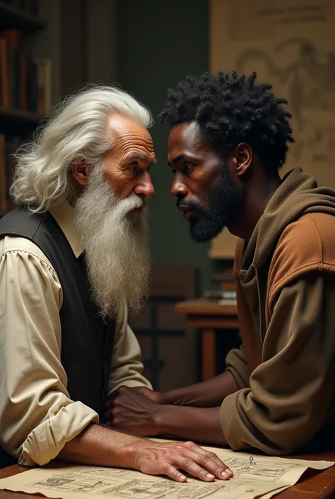 Alex travels to the Renaissance and meets Leonardo da Vinci, he is an old man with a white beard , who works on plans for ideal cities that combine aesthetics and functionality alex the realistic dark-skinned man

