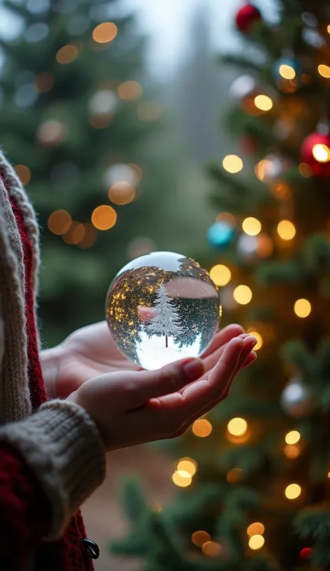  in vintage style，Crystal snowball in hand for Christmas gift， Place Christmas decorations on pine trees, Lights in the background, bokeh style, half-length shot, high-quality photo