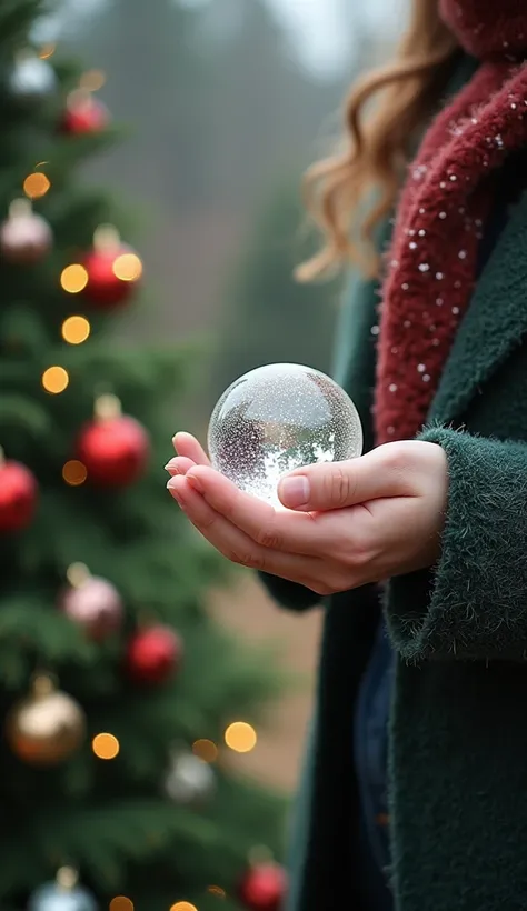  in vintage style，Crystal snowball in hand for Christmas gift， Place Christmas decorations on pine trees, Lights in the background, bokeh style, half-length shot, high-quality photo