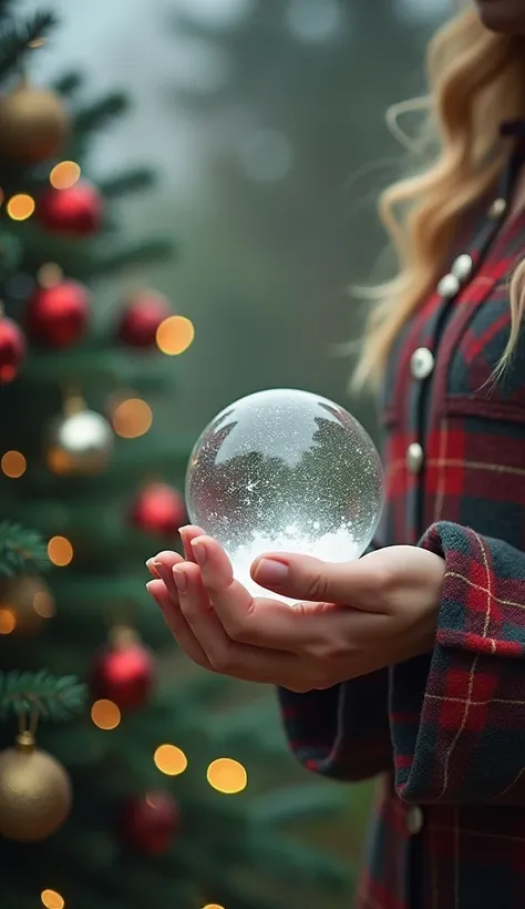  in vintage style，Crystal snowball in hand for Christmas gift， Place Christmas decorations on pine trees, Lights in the background, bokeh style, half-length shot, high-quality photo