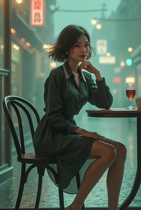 (8k, Best Quality, Masterpiece: 1.2), (Realistic, Photorealistic: 1.37), Super Detailed, 1 Girl, Cute, Alone, Beautiful Detailed Sky, Detailed Cafe, Night, Sitting, Date, ( Nose blush), (smile: 1.15), (close mouth) small breasts, beautiful details, (collar...