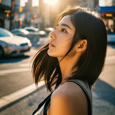 A hyper-realistic image of a single Japanese woman in her early 20s, captured from the shoulders up with the nostalgic warmth and subtle graininess of a film camera. She stands against the backdrop of a bustling city street, where soft, diffused natural li...