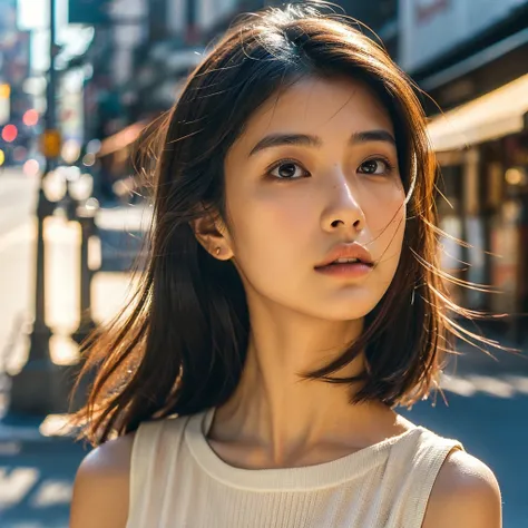 A hyper-realistic image of a single Japanese woman in her early 20s, captured from the shoulders up with the nostalgic warmth and subtle graininess of a film camera. She stands against the backdrop of a bustling city street, where soft, diffused natural li...