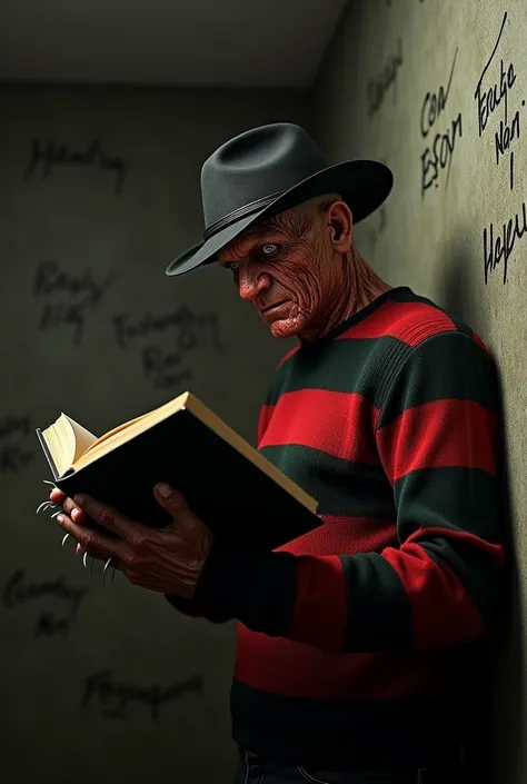 Freddy Krueger with an open book in his hand,and on the walls written with the name of ((Hector Rossi)) realistic image 