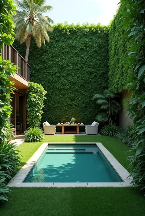 Tropical garden 6.5 x 7m, green wall, grass, gourmet area and square pool