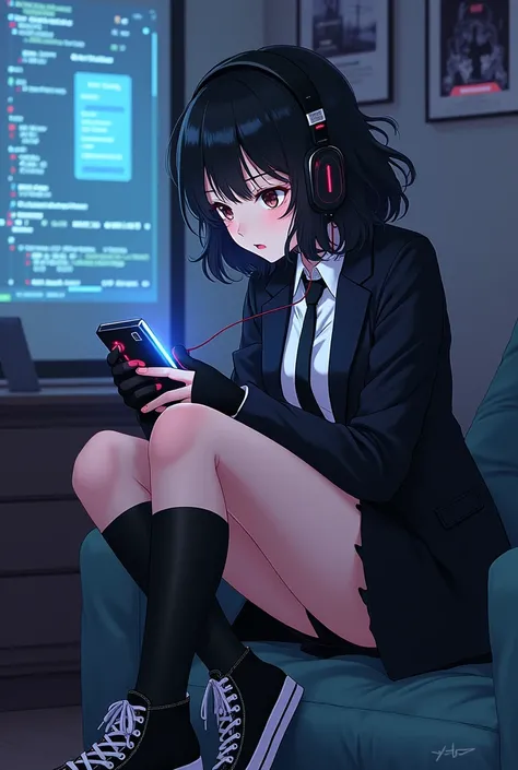 Teenage girl, big wavy black hair, dark brown eye,Caucasian skin,In a black skirt , Suit with tie, all star sneakers, Black gloves with fingers out,long black socks,Wired headset, Playing with cell phone in emo room,アニメ 
