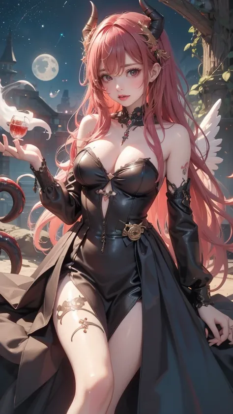 Detailed image quality，Witch Pandora，wing, Succubus主题，堕落Angel，Excellent，scary，Secret Terror，Tentacles，With eyes，Uncanny Valley Effect，Beast Blood Moon，skeleton，vampire，Hellfire，Dark Queen，Angel，magician magic witch，Angel，Eyes are blue(Pupils as deep as the...