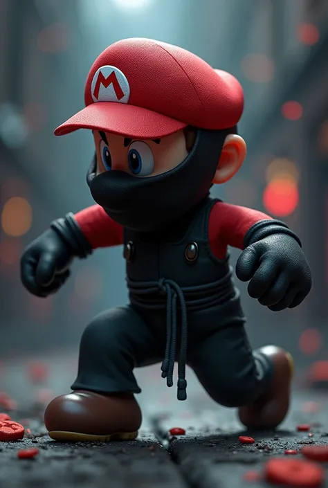 Video game Mario. Dressed like a ninja. Throwing ninja stars.