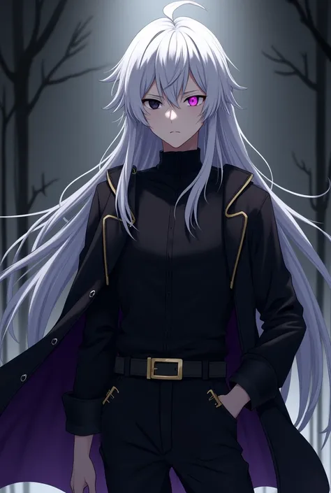 White haired, one eye purple and the other black, dead eyes, black shirt, black cargo pants with a belt with Gold hints, Black coat with purple hints, anime boy