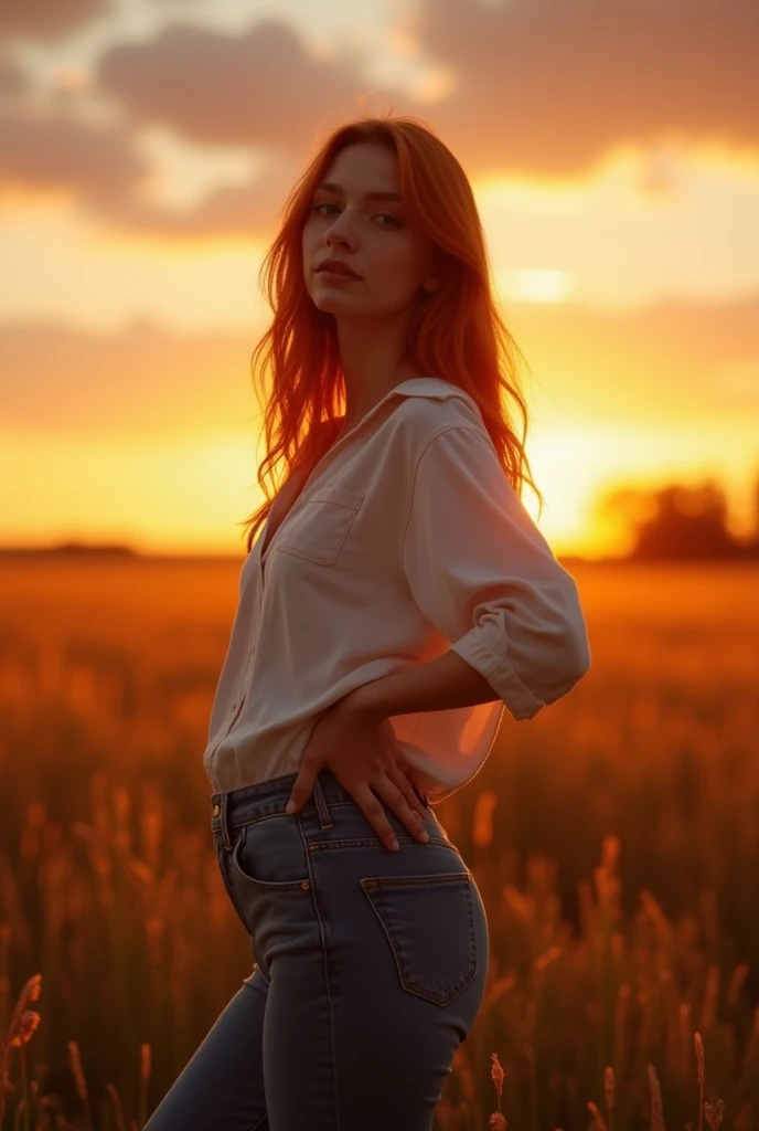 Woman standing in a field with hands on hips, at sunset, shot at golden hour, with a sunset, during a sunset, cinematic outfit photo, with sunset, young woman infp, photo of a beautiful woman, sunset mood, at golden hour, casual photography, during golden ...