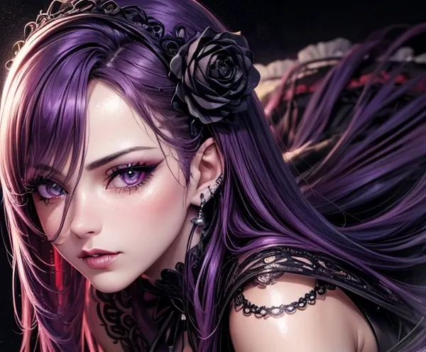 1girl, beautiful woman, medium length hair, purple tulip hair, curly hair, reddish pink eyes, sexy body, cold gaze, stiletto nails, purple nails, caramel skin color, septum piercing, gothic lolita outfit, purple and black outfit, silver details, elfa negra...