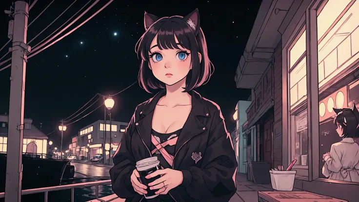 heterochromia, A solo girl with short black hair and cat ears, wearing dark clothes,with shiny hair with a relaxing atmosphere. night, a square , soda, She is a little further away, with a view of her from the waist up, listening to music, and the detailed...