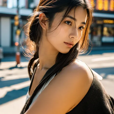 A hyper-realistic image of a single Japanese woman in her early 20s, captured from the shoulders up with the nostalgic warmth and subtle graininess of a film camera. She stands against the backdrop of a bustling city street, where soft, diffused natural li...