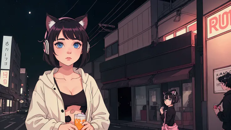 heterochromia, A solo girl with short black hair and cat ears, wearing dark clothes,with shiny hair with a relaxing atmosphere. night, a square , soda, She is a little further away, with a view of her from the waist up, listening to music, and the detailed...