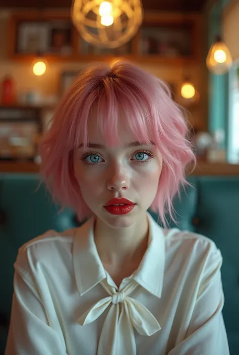 A photo of a pretty young girl, nerdy woman sitting in a cafe, wearing a white shirt and a bow, surrounded by a cozy lofi atmosphere, looking at the viewer. short pink hair, Stunning Blue Glow Lite Eyes, incredibly thin red lips, traditional screen.