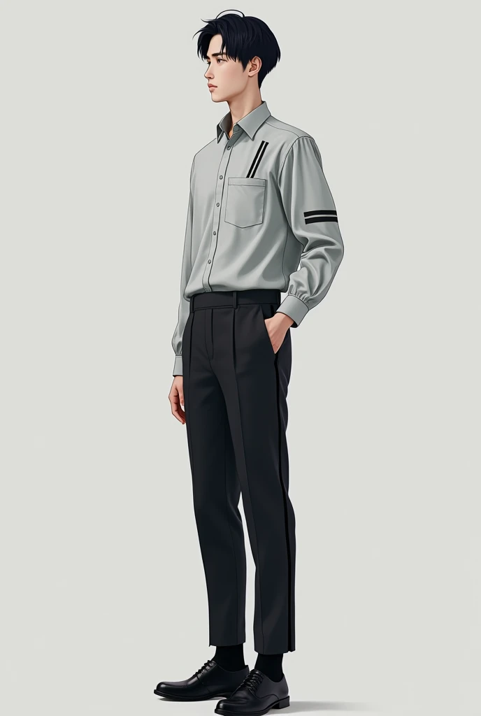 Create a uniform for men, 
Top:

Light gray school uniform shirt

two vertical dark gary stripes on the front on the right side only

A pocket on the right side, 

Bottom:
Black slacks

With black shoes black socks

A silt on the side of the pants, possibl...