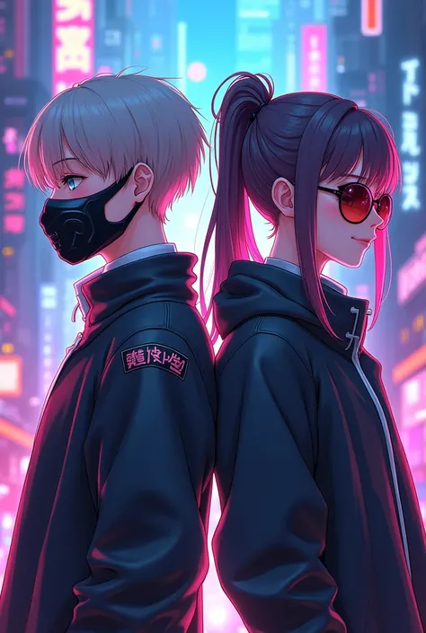 two twin brothers, one with short hair and a mask and one with her hair tied up with bangs and wearing sunglasses, cyberpunk clothing aesthetics, Vtubers, アニメ, HD, 4K