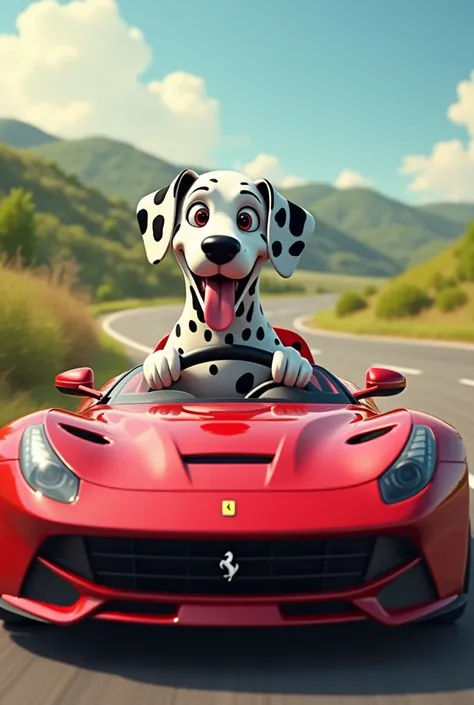 Dalmatian dog driving a Ferrari 