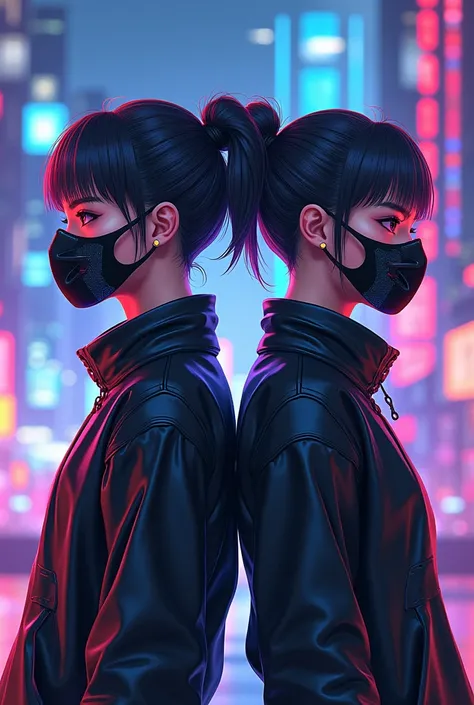 two twin brothers, one with short hair and a mask and one with her hair tied up with bangs and wearing sunglasses, cyberpunk clothing aesthetics, Vtubers, アニメ, HD, 4K