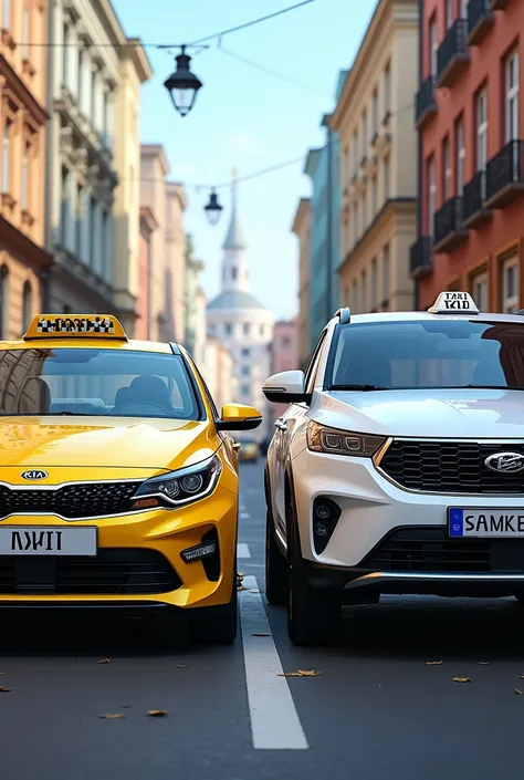 a high resolution, Saint Petersburg, Kia optima yellow with taxi checker, Chery tiggo 7pro(crossover) white, 2 cars fully in frame,outside,detailed background