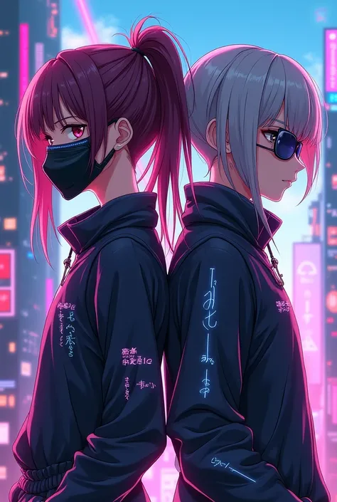 two twin brothers, one with short hair and a mask and one with her hair tied up with bangs and wearing sunglasses, cyberpunk clothing aesthetics, Vtubers, アニメ, HD, 4K