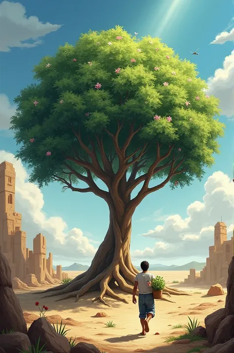  a sturdy tree growing in arid terrain or among ruins. The roots of the tree are deep and strong, while the branches are full of green leaves and flowers, symbolizing rebirth and the strength of life in adverse environments. Next to the tree, there may be ...