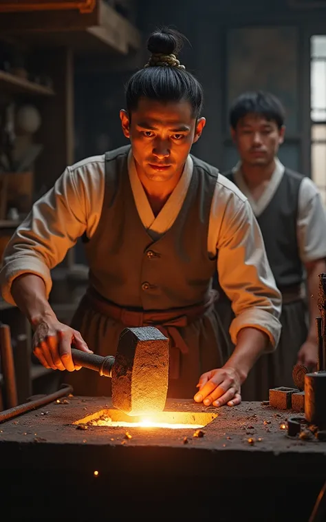 Ancient Chinese Blacksmith，Chinese men，Little white face，hansome，Clean face，No beard，Wearing a vest，（Facing the camera），There&#39;s a helper behind me.，At the furnace in the blacksmith&#39;s shop，（The right hand raised the hammer to hit the iron sheet on t...