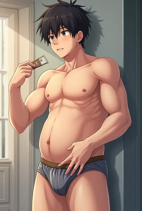 Uncensored male anime boy bulging in underwear and other pubes showing (big bulge)