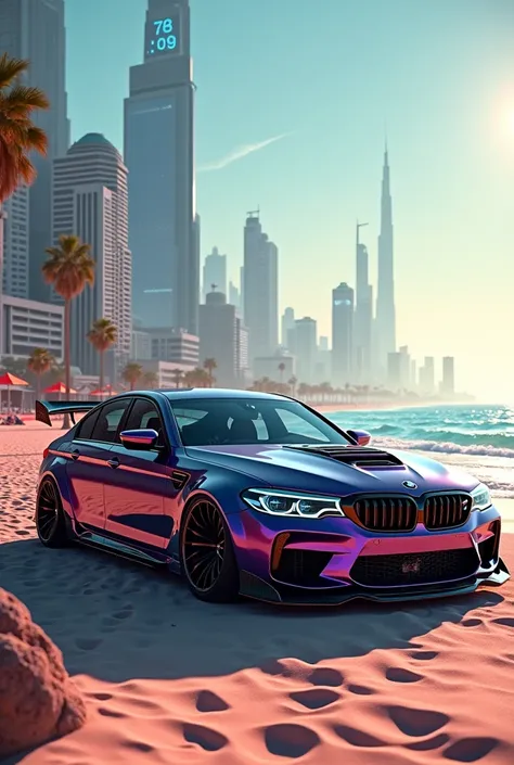 A BMW m5 with kits parked in cyber punk beach side 