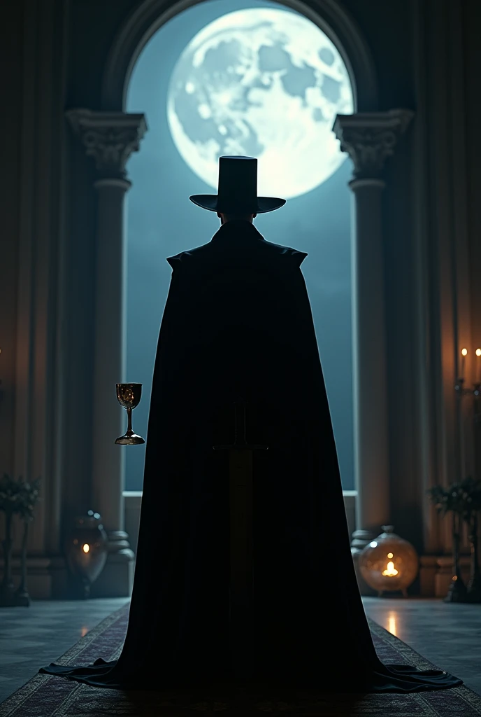 A knight With a black hat  in a black outfit, with his sword in its scabbard, is standing in a palace. The camera has taken the picture from behind. The knight is holding a goblet of wine facing the moon. In front of the knight, there is a shiny and the ba...