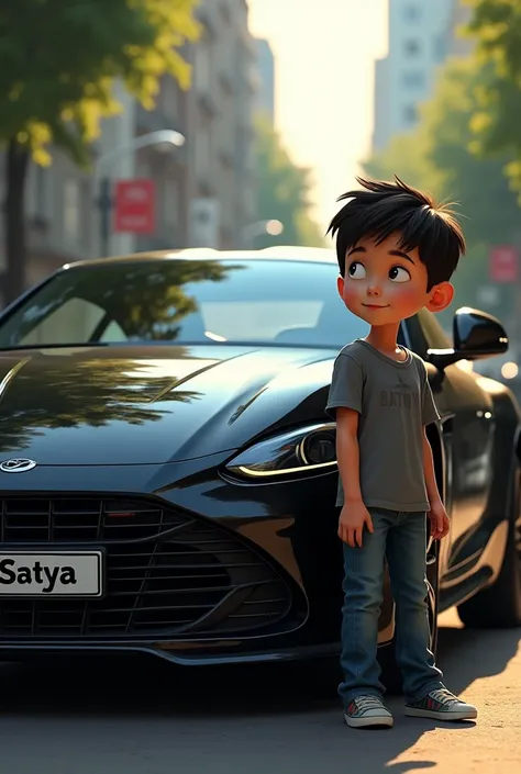 A boy standing Near black car on number plate Written Satya 


