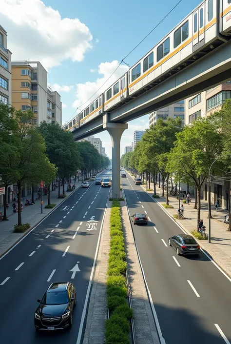 A street in Uruguay where you can see a one-way lane, that has a sidewalk, 3 car lanes and one bike lane,  Then a green area and in the middle a column that serves as support that has a train track 10 meters above it that is in the same direction as the ca...