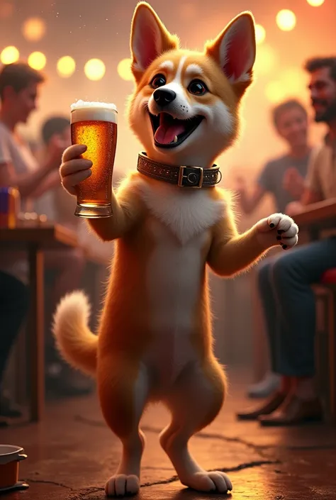 Dog dancing and holding a beer
