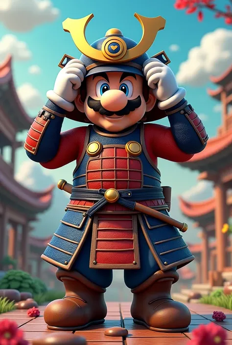 Video game Mario. Dressed like a samurai. Samurai helmet. Taking his mask off