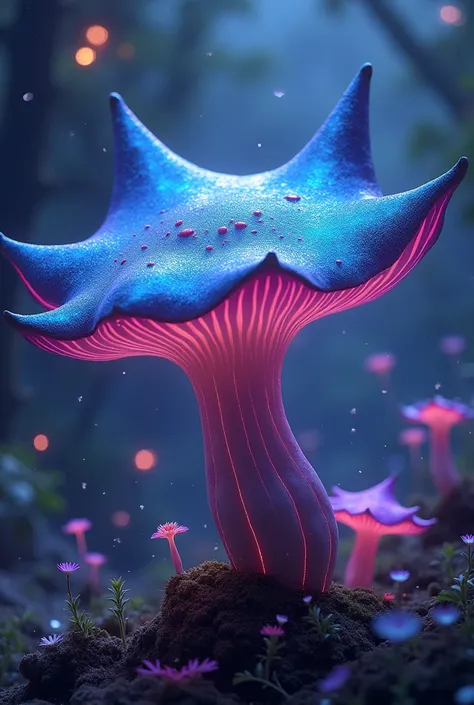 Create an image of a unique fungi with an irregular, star-shaped cap featuring multiple jagged edges. The cap should have a gradient of neon blue and purple with iridescent spots. The surface should be shiny and metallic, with intricate, glowing lines runn...