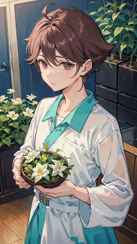 1 male, oikawa toru, look ahead, look forward, view your viewers, perfect face, flowers, plant, cinema lighting, innocent look, ...