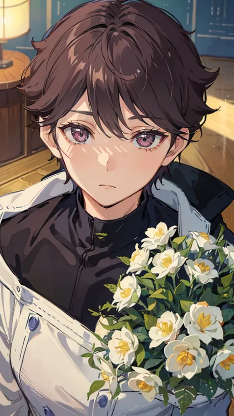 1 male, Oikawa Toru, Look ahead, Look forward, View your viewers, Perfect Face, Flowers, plant, Cinema Lighting, Innocent look, prince costume, detailedな陰影, detailed