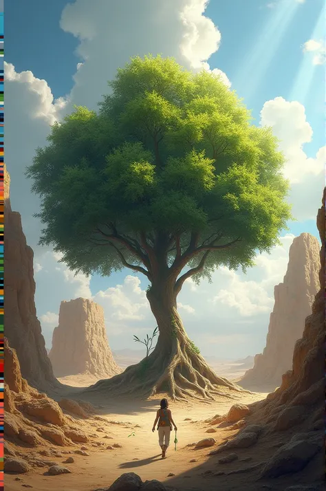 
An image that conveys these concepts could be of a robust tree growing in arid terrain or amidst ruins.. The roots of the tree are deep and strong, while the branches are full of green leaves and flowers, symbolizing rebirth and the strength of life in ad...