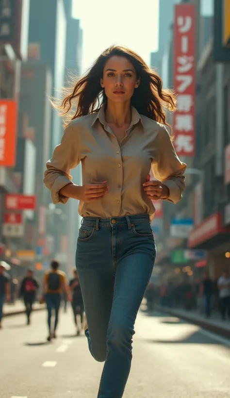 (best quality, artwork, ultra high resolution, (photorealistic:1.4), RAW photo, depth of field, Professional lighting, perfect anatomy, extremely details), 1 woman, 20 years old, cowboy shot, wearing blouse and jeans in the city, running in the city,