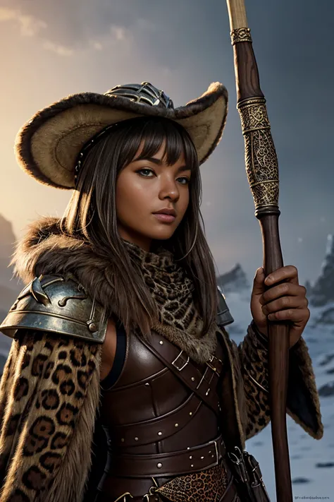 Duelist tabaxi female tan spotted fur tabaxi leopard, thin build, wearing a gambeson armor ,wralding a rapire , wearing a hat with a feather  holding a gnarled staff adorned with mushrooms and bone, realistic render, Dungeons and Dragons, Fantasy, octane r...