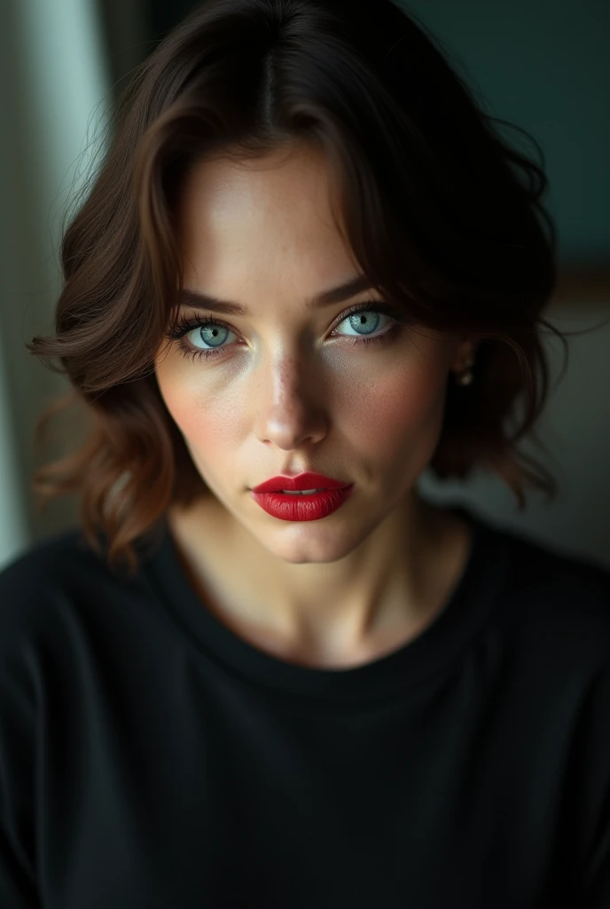 (Best Quality, 8k, 32K, masterpiece, HD: 1.2), Photo of a beautiful American woman,perfect blue eyes, Stunning red lips, ultra detailed, very short bob hair, Upper part of the body, facial focus, dramatic filtered sunlight, oversized black t-shirt, collar,...