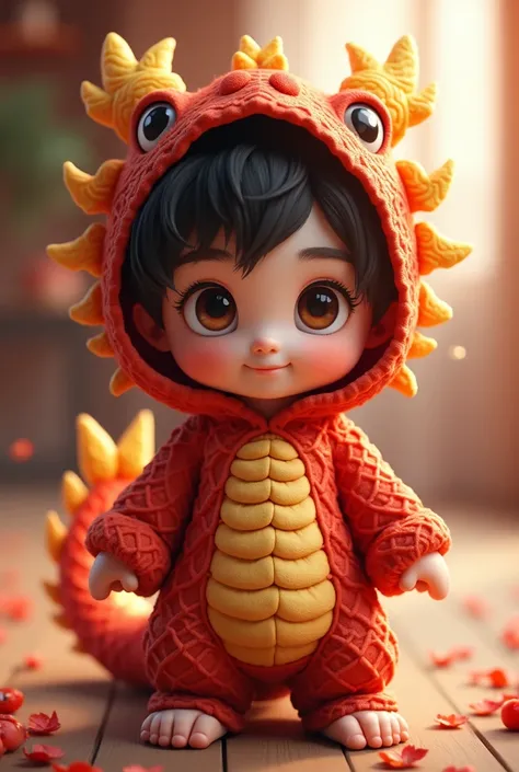 Kawaii chibi style A cute boy with dark brown eyes, black hair with a dragon suit ., cute tender dragon, hooded dragon costume, beautiful dragon, photorealistic, 8k, high quality, masterpiece, detailed skin texture, Detailed costume design, studio lighting...