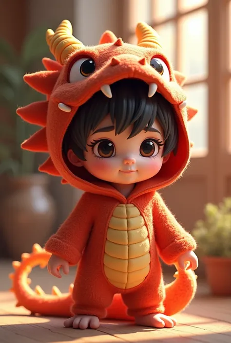 Kawaii chibi style A cute boy with dark brown eyes, black hair with a dragon suit ., cute tender dragon, hooded dragon costume, beautiful dragon, photorealistic, 8k, high quality, masterpiece, detailed skin texture, Detailed costume design, studio lighting...