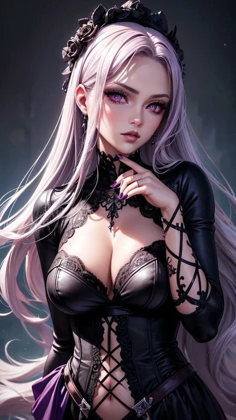 1girl, beautiful woman, medium length hair, purple tulip hair, curly hair, reddish pink eyes, sexy body, cold gaze, stiletto nails, purple nails, caramel skin color, septum piercing, gothic lolita outfit, purple and black outfit, silver details, elfa negra...