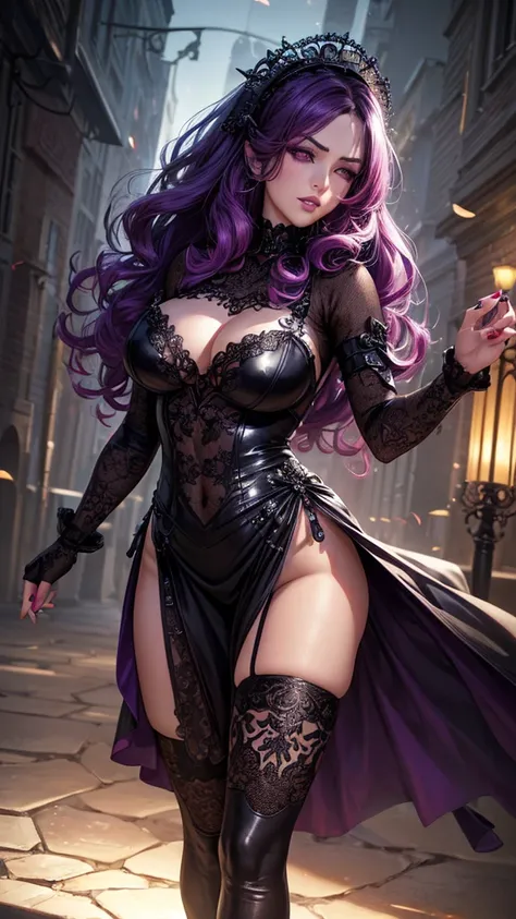 1girl, beautiful woman, medium length hair, purple tulip hair, curly hair, reddish pink eyes, sexy body, cold gaze, stiletto nails, purple nails, caramel skin color, septum piercing, gothic lolita outfit, purple and black outfit, silver details, elfa negra...