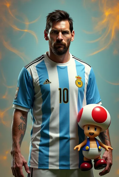 THE FOOTBALLER MESSI WITH "Toad" (FROM THE MARIO BROSS MOVIE) BOTH WITH THE ARGENTINA T-SHIRT 


