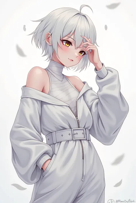 an anime girl. She is an adult. Pale skin. Her hair is short, and it&#39;s loose, It&#39;s a little long and disheveled. Her hair is white, is albino, and also has striking bangs, a little disheveled. Her cheeks are slightly flushed and her lips are reddis...