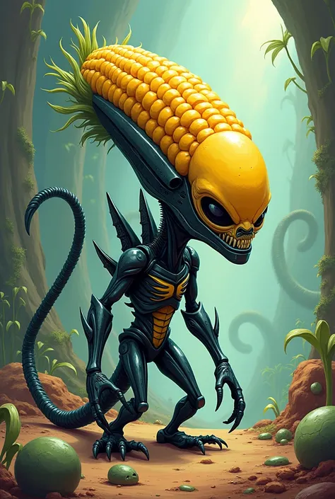 alien xenomorph cartoon with corn head 